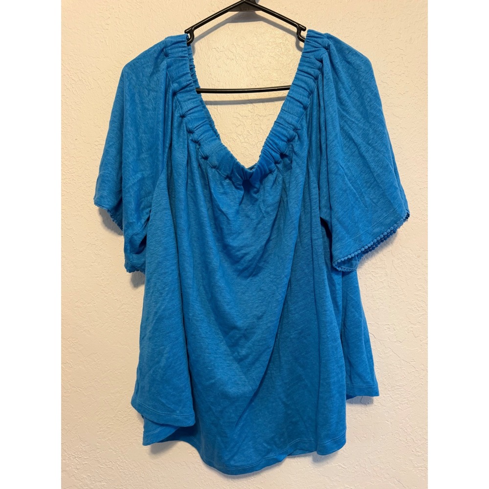 Chicos Blue 100% Linen Off Shoulder Flutter Sleeve Pom Pom Trim Top Size 3 XL